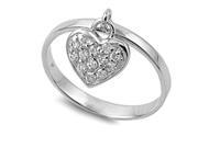 Sterling Silver Ring with Cubic Zirconia Pave Covered Dangling Heart Charm Size 4