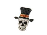 Black White and Orange Crystal Studded Halloween Skull with Top Hat Brooch