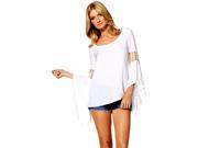 ELAN White Angled Bell Sleeve Blouse With Crocheted Cut Out Medium