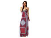 Sky Collection Red Print Solleil Halter Maxi Long V Neck Dress w Beading Small