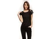 Black Short Sleeve Thin Knit Top With Zipper Shoulder Accent Large