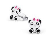 Childrens Sterling Silver Black and White Enamel Girl Panda Bear Stud Earrings