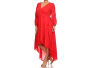 Solid Red High Low Self Tie Wrap Dress w V Neckline Plus Size XXL