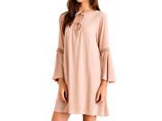 Almond Solid Dress with Front Cutout Ties Lace Trim Long Sleeves Medium