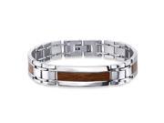 High Polish Mens Surgical Grade Stainless Steel Brown Wood Accent Link Bracelet