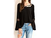 Solid Black Loose Fit Bell Sleeve Top Blouse with Strappy Neckline Detail Large
