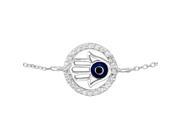 Sterling Silver Cubic Zirconia Blue Eye Hamsa Hand Circle Design Bracelet 7.5