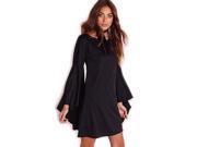 Black Solid Color Sexy Short Mini Dress with Long Flared Bell Sleeves Small