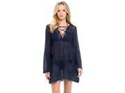 ELAN Navy Long Sleeve Cover Up Top with Tassel Lace Up Neck Line Medium