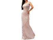 Beige White Mixed Striped Short Sleeve Fitted Long Mermaid Maxi Dress Small