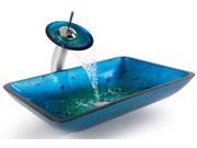 Irruption Blue Rectangular Glass Sink Waterfall Faucet Chrome