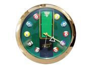 Pool Table Wall Clock in Brass Tone Frame with 12 Inch Diameter