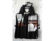 15 Pc Barbecue Set w Apron Wood Handle Utensils