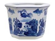 10 in. Wide Blue White Landscape Porcelain Flower Pot