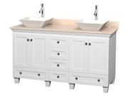 60 in. Bathroom Vanity in White with Ivory Marble Countertop