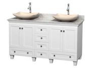 60 in. Bathroom Vanity in White with Ivory Marble Sinks