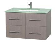 Single Bathroom Vanity in Gray Oak with Green Glass Countertop