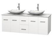 Bathroom Vanity in White with White Carrera Countertop and Sinks