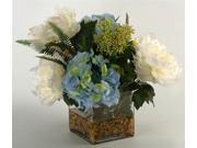 Cream and Pink Peonies and Blue Hydrangeas in Square Glass