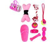 8 PIECE DUFFLE BAG RUBBER JUTE ROPE AND TENNIS SQUEEK CHEW PET DOG TOY HOLIDAY GIFT SET PINK