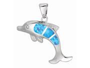 Silver with Rhodium Finish Shiny Textured Created Opal Dolphin Pendant