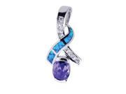 Silver with Rhodium Finish Shiny Textured Created Opal Bow Pendant with Amethyst White Stone