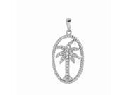 Silver with Rhodium Finish Shiny Palm Tree In Oval Sea Life Pendant with White Cubic Zirconia