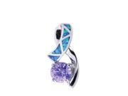 Silver with Rhodium Finish Shiny Textured Created Opal Bow Pendant with Amethyst Stone