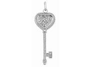 Silver with Rhodium Finish Shiny 39mm Heart Key Pendant with White Cubic Zirconia