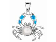 Silver with Rhodium Finish Shiny Created Opal Crab Pendant with White Pearl