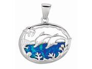 Silver with Rhodium Finish Shiny Created Opal Oval Pendant with Dolphin