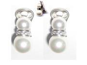White CZ and White Shell Pearls Graduated Sterling Silver Drop Clip On Earrings