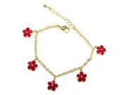 Yellow Gold Tone Five Red Enamel Flowers Charm Bracelet 5 with 1 Extension