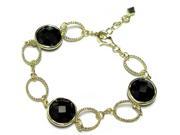 Black CZs Textured Open Circles Link Yellow Gold Tone Sterling Silver Bracelet
