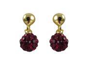 Shamballa Inspired Deep Red Crystal Balls Yellow Gold Tone Sterling Silver Kids Pierced Dangle Earrings
