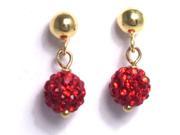 Shamballa Inspired Red Crystal Balls Yellow Gold Tone Sterling Silver Kids Pierced Dangle Earrings