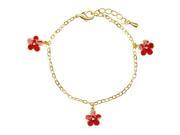 Yellow Gold Tone Three Red Enamel Flowers Charm Bracelet 5 with 1 Extension