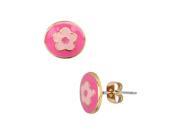 Yellow Gold Tone Hot Pink and Light Pink Enamel Circle Flower Kids Pierced Stud Earrings