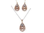 White CZs Two Tone Rose Gold Tone Sterling Silver Open Filigree Teardrop Dangle Pierced Earrings and Necklace Pendant Set
