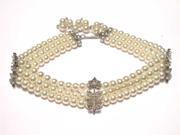 3 Row Pearls White Crystal Flowers Silver Choker Necklace
