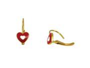Yellow Gold Tone Red and White Enamel Double Heart Kids Leverback Drop Earrings