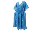 Plus Size V Neck RAYON Casual HAND Embroidered Long Lounge Caftan Loose Blue