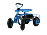 Sunnydaze Blue Rolling Garden Cart with Extendable Steering Handle Swivel Seat Planter Basket