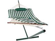 Sunnydaze Green and White Stripe Cotton Rope Hammock with 12 Foot Steel Stand Pad and Pillow—275 Pound Capacity