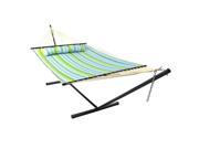 Sunnydaze 2 Person Freestanding Quilted Fabric Spreader Bar Hammock with 12 Foot Stand—Includes Detachable Pillow 350 Pound Capacity Blue and Green