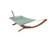 Sunnydaze Quilted Double Fabric 2 Person Hammock with 13 Foot Curved Arc Wood Stand Blue and Green 400 Pound Capacity