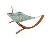 Sunnydaze Quilted Double Fabric 2 Person Hammock with 12 Foot Curved Arc Wood Stand Blue and Green 400 Pound Capacity
