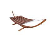Sunnydaze Quilted Double Fabric 2 Person Hammock with 13 Foot Curved Arc Wood Stand Red Stripe 400 Pound Capacity