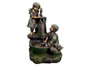 Sunnydaze Country Children and Water Pump Fountain with LED Lights 33 Inch Tall