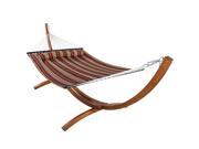 Sunnydaze Quilted Double Fabric 2 Person Hammock with 12 Foot Curved Arc Wood Stand Red Stripe 400 Pound Capacity